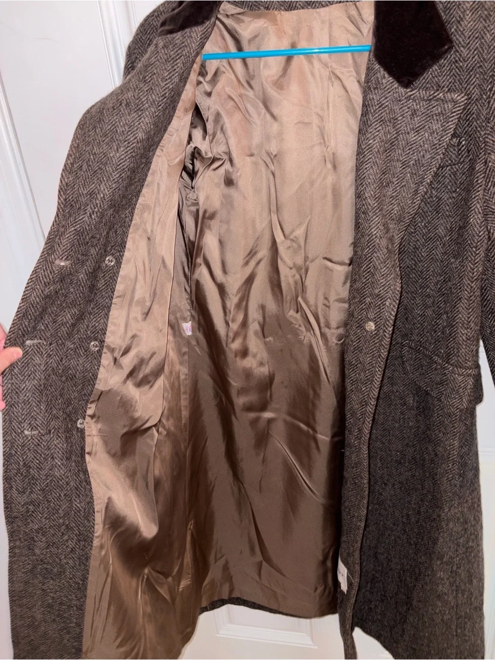 Brown Herringbone Wool Pea Coat with Velvet Collar